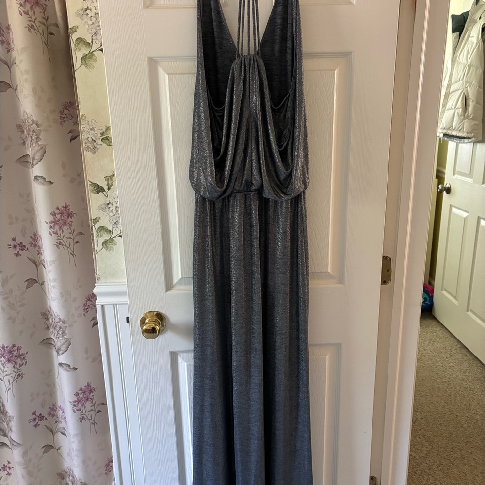 Ella Moss Blue Gray full length gown with side slit.